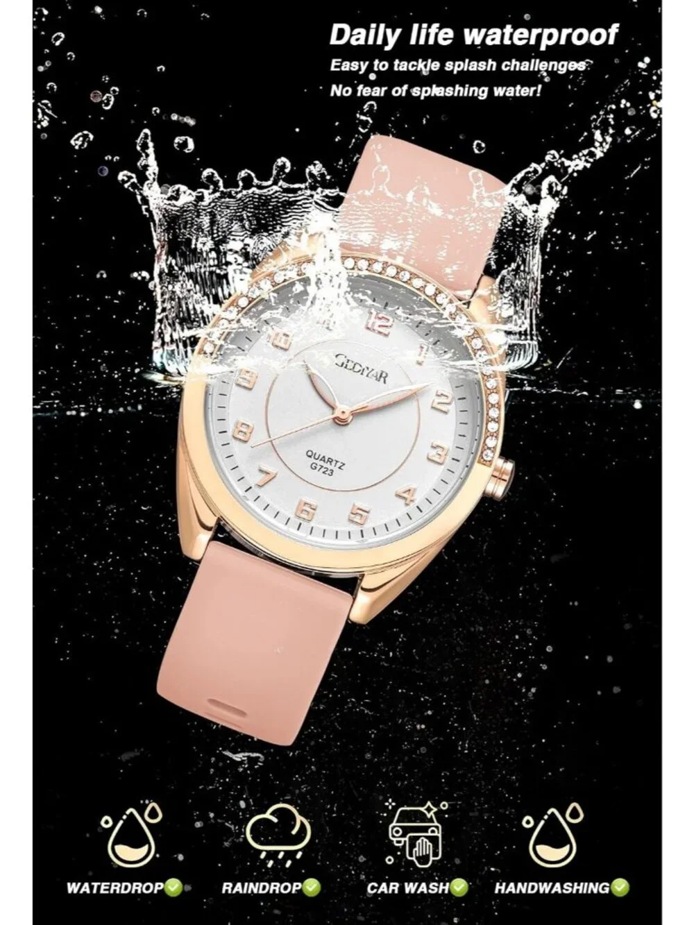 Women's Pink Silicone Strap Waterproof Analog Quartz Easy Read Dial Wrist Watch